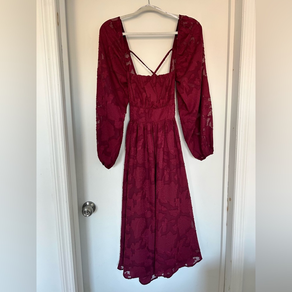 Lulus Burgundy Floral Long Sleeve Lace-Up Back Midi Dress - Picture 5 of 8